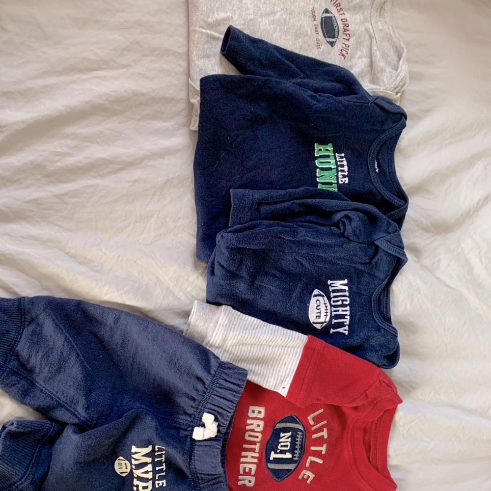 4 Carter’s Football onesies with pair of pants